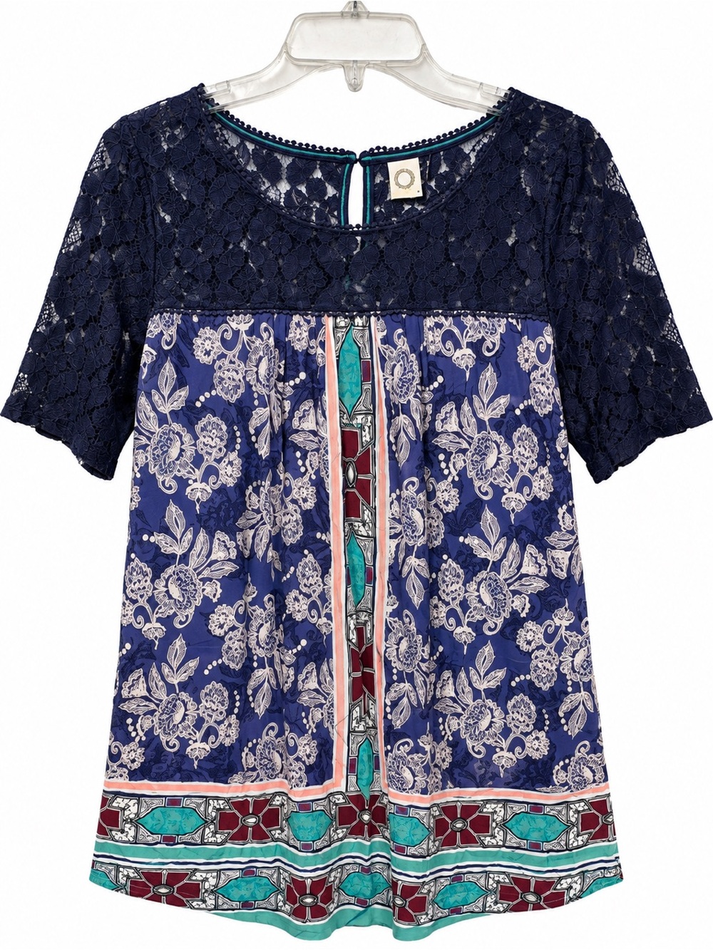 Akemi + Kin Anthropologie Navy Lace Floral Print Tunic Top Women’s Boho L